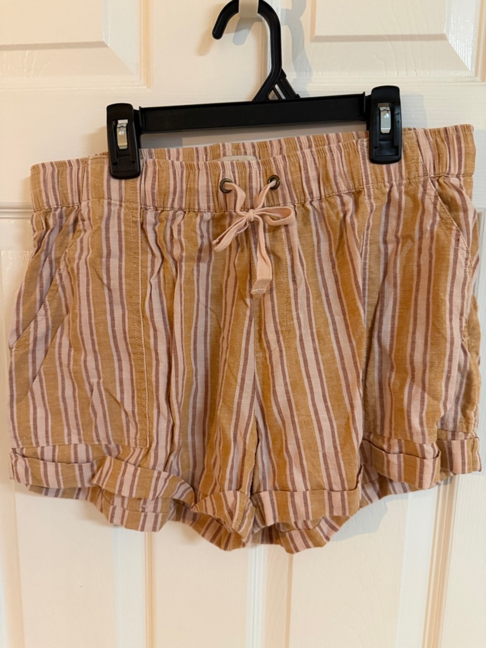 Toad&Co Striped High-Waist Drawstring Shorts in Beige and Pink